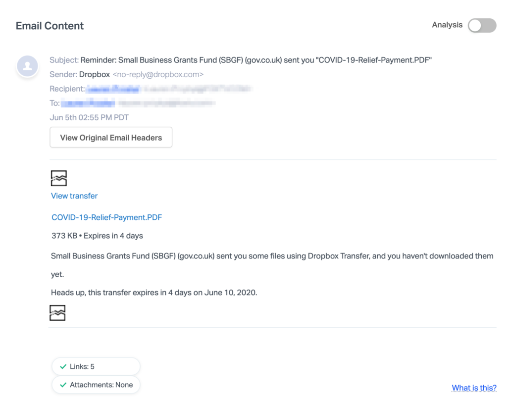 COVID-19 relief email phishing through dropbox transfer